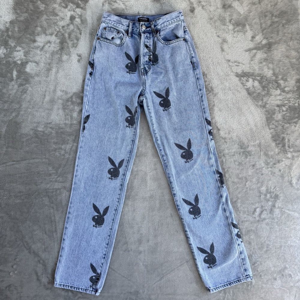 Playboy by PacSun Womens High Waisted Straight Leg Bunny Print Jeans Blue‎ 24